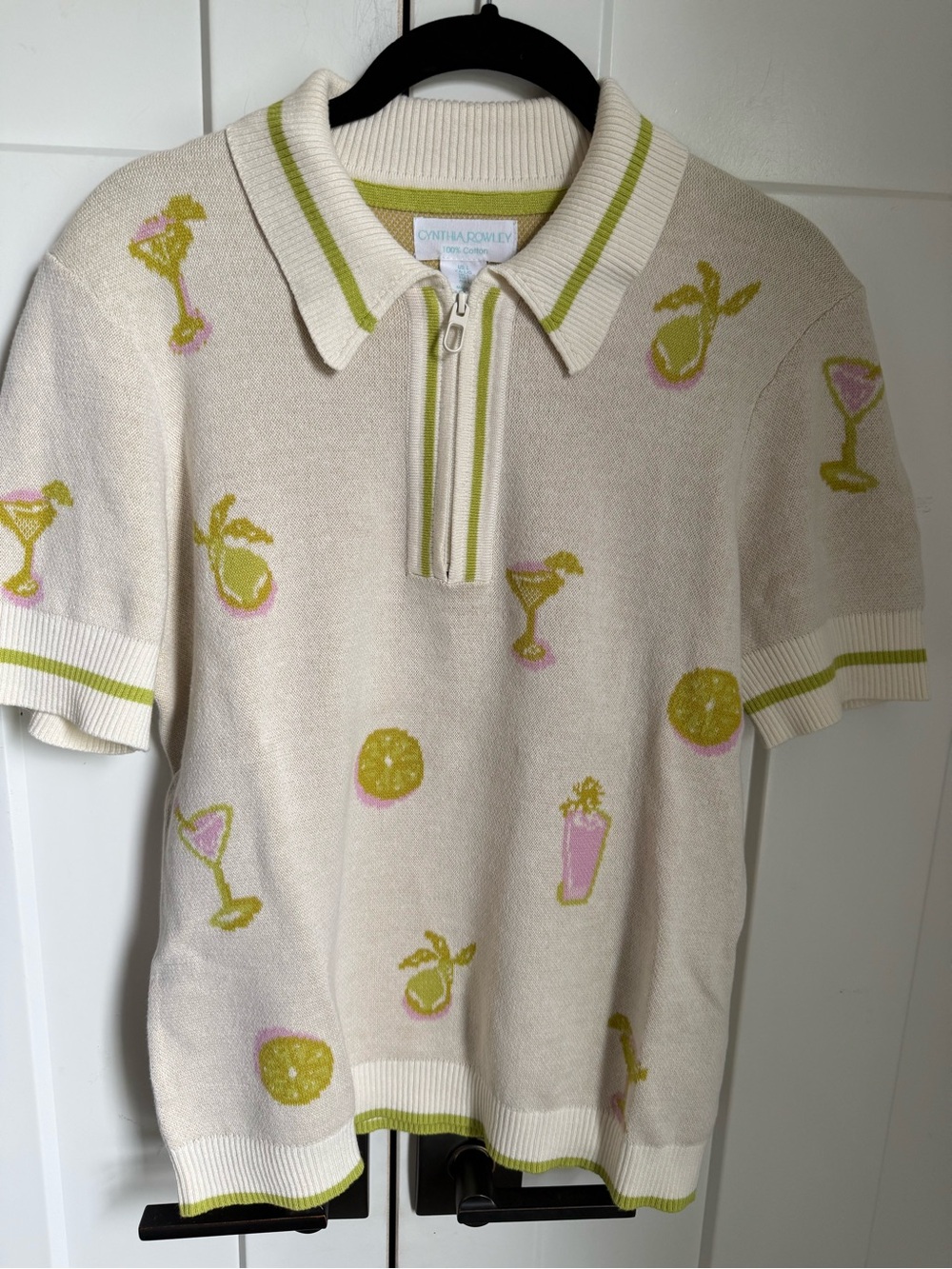 Cynthia Rowley Cream Knit Zip Polo with Lime Trim and Martini Print. Size L.